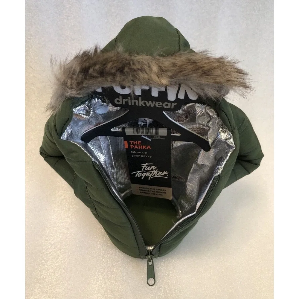 Puffin drinkwear Drink Parka Jacket Koozie The Pahka Olive Green w/ Fur Hood NEW